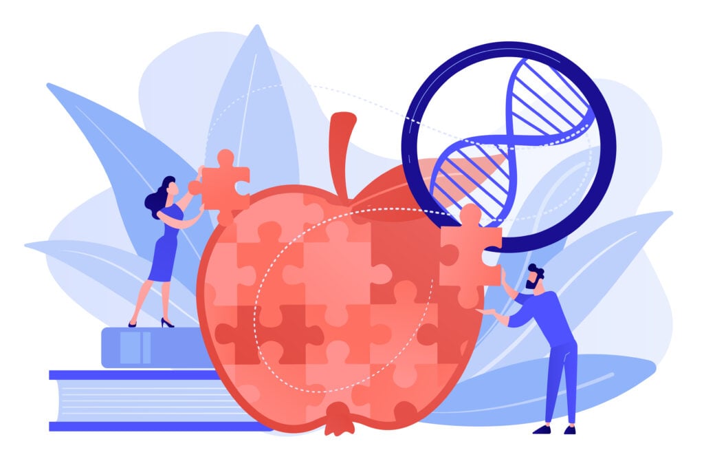 Illustration of people assembling a puzzle-piece apple