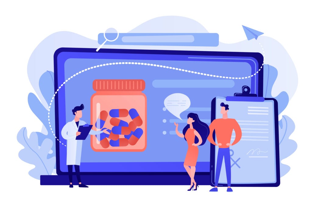 Doctor and patients reviewing medication on a digital screen.